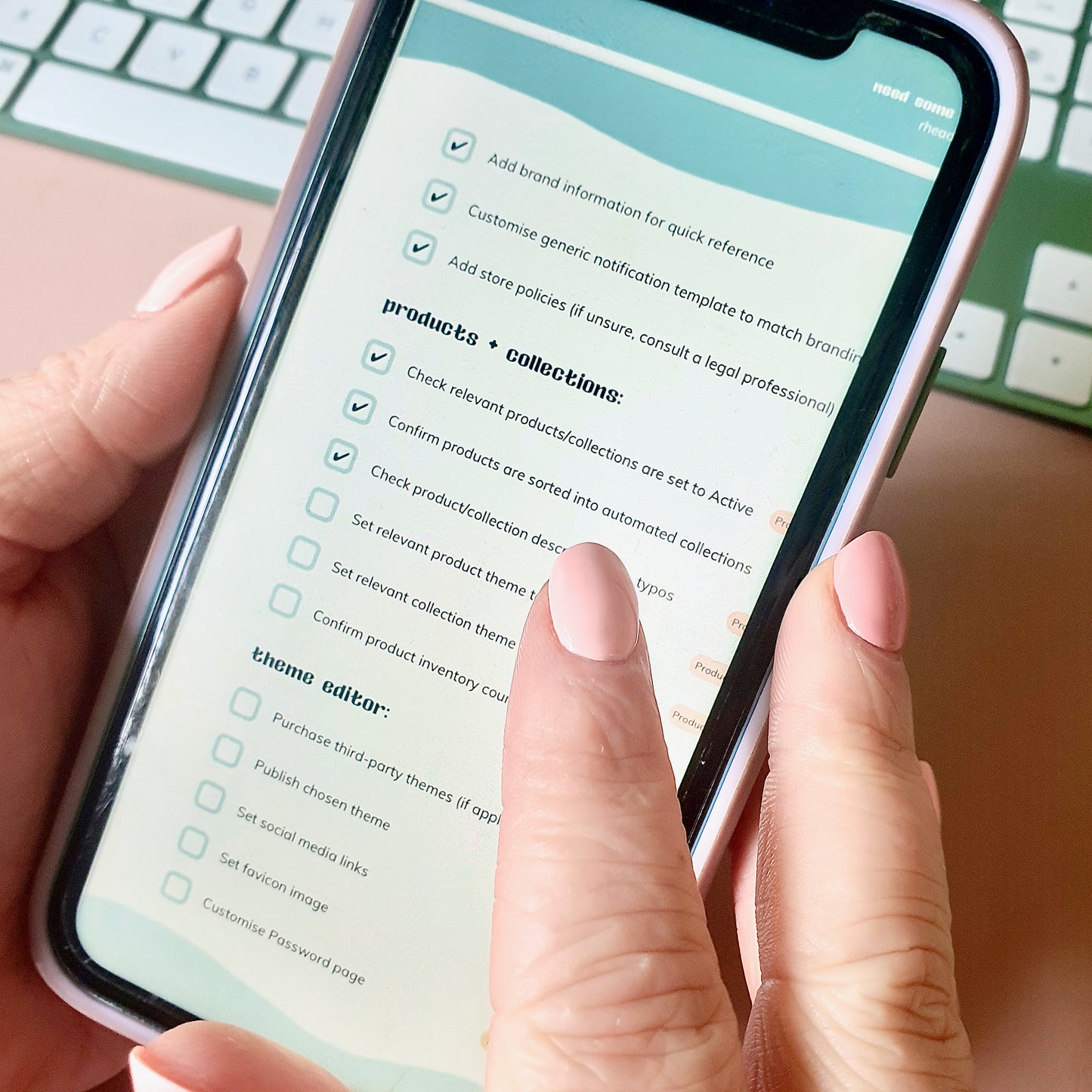 Shopify Pre-Launch Checklist shown in a digital format on iPhone. Interactive PDF with tickable check-boxes.