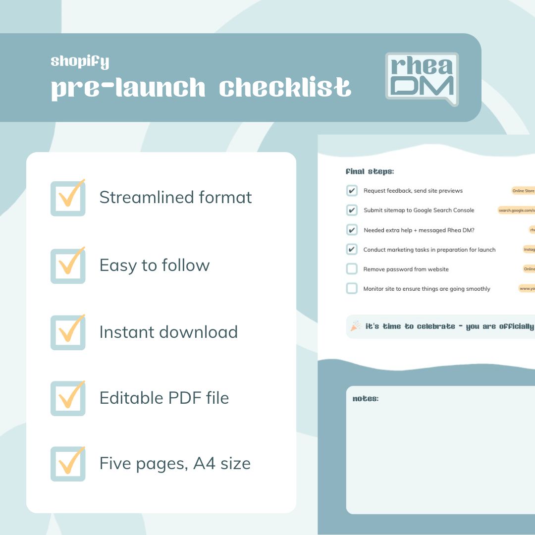 Final page of Rhea DM's Shopify Pre-Launch Checklist, highlighting key attributes. Streamlined format, easy to follow, instant download, editable PDF file, five A4 pages.